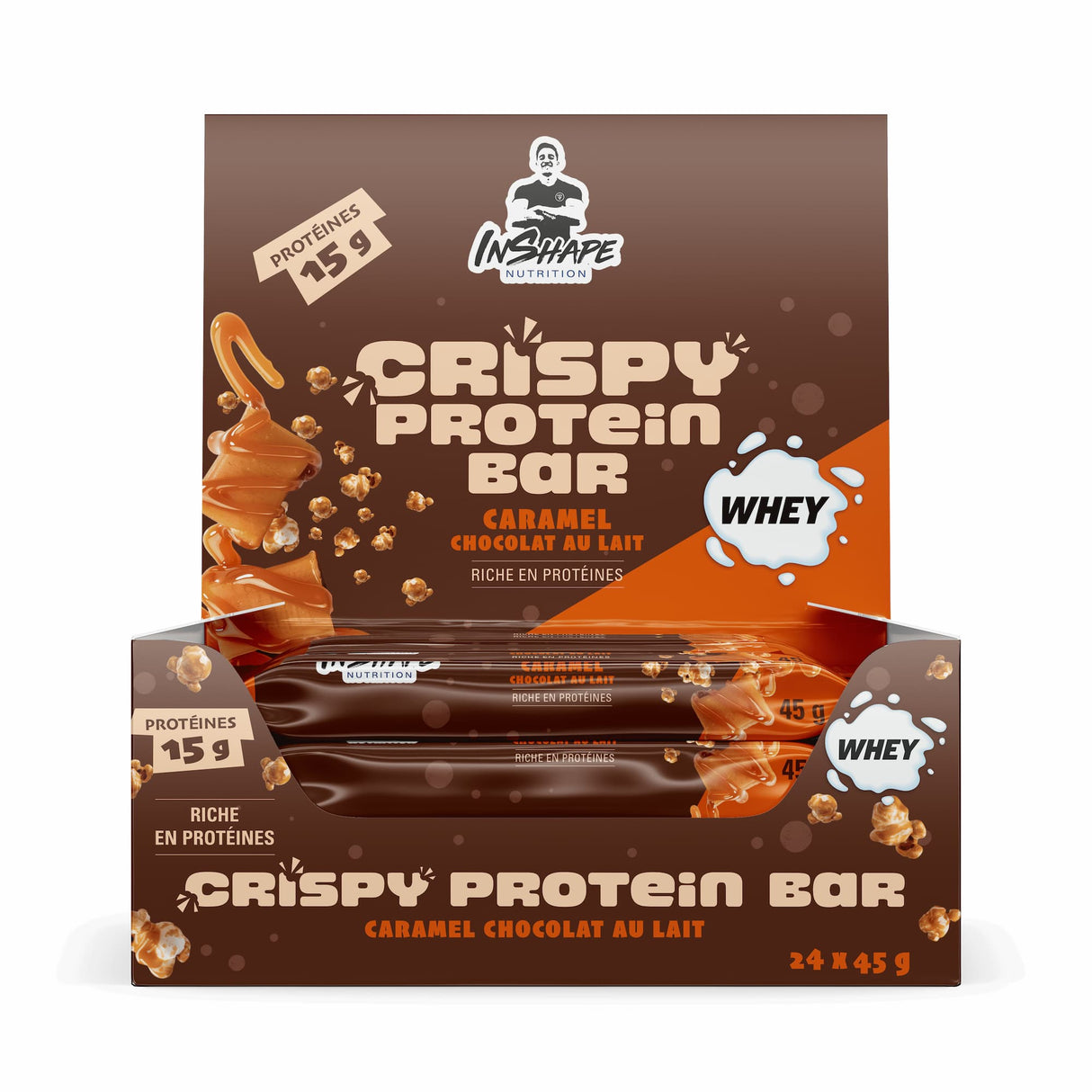 Boxes of 24 crispy protein bars, caramel, 45 g 