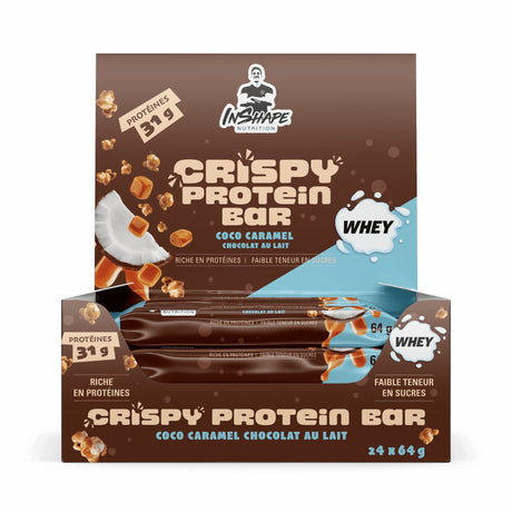 Box of 24 crispy protein bars, coconut caramel flavor